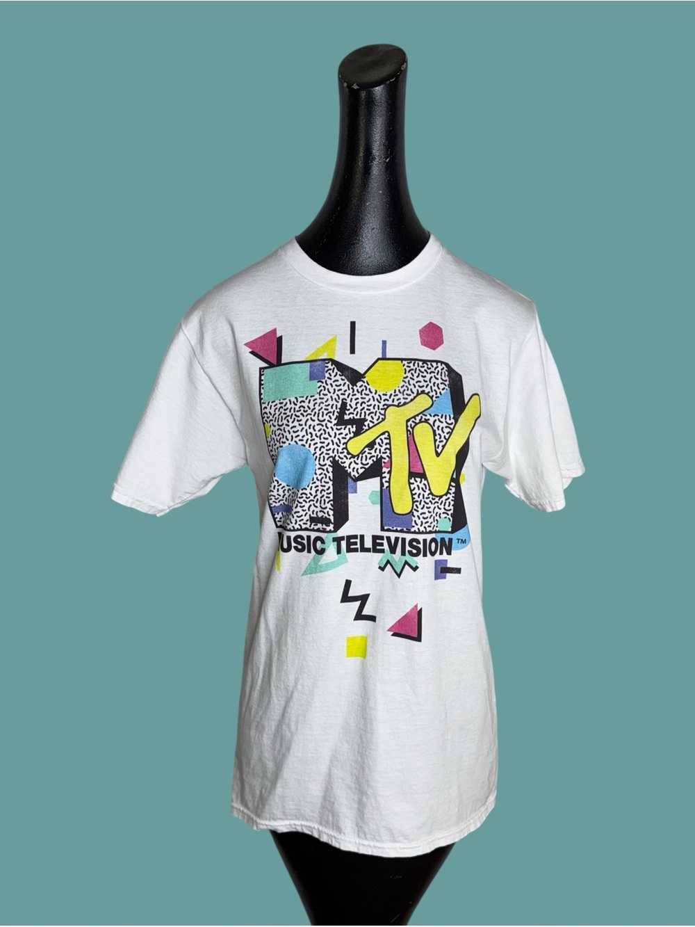 MTV White Tee with Neon Yellow, Teal, Pink & Blue Graphic